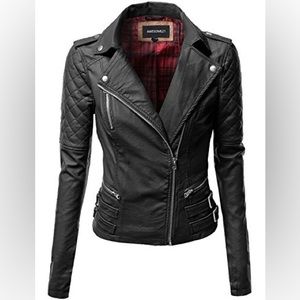 Long Sleeves Zipper Closure Motorcycle Biker Faux Leather Pleather Jacket